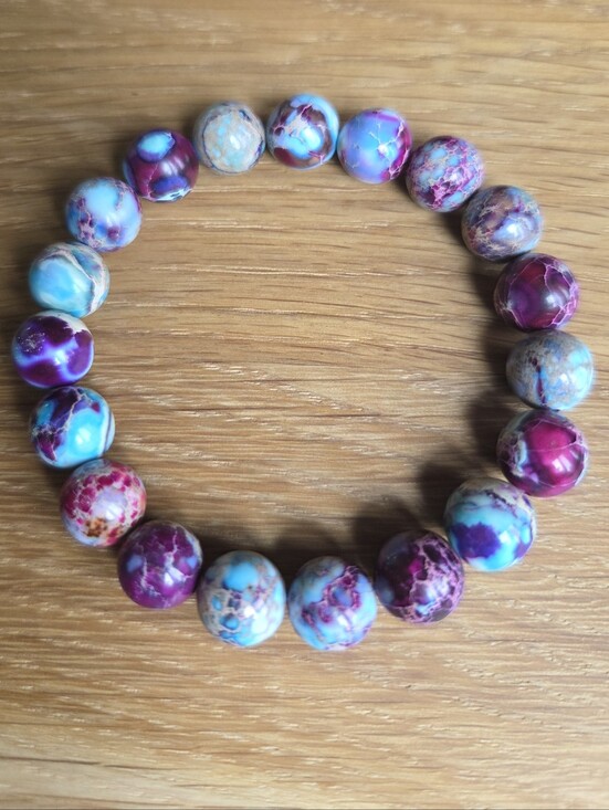 Hand Crafted Jewelry - Blue & Magenta Sea Sediment Jasper Beads Stretch Bracelet - Hand Crafted